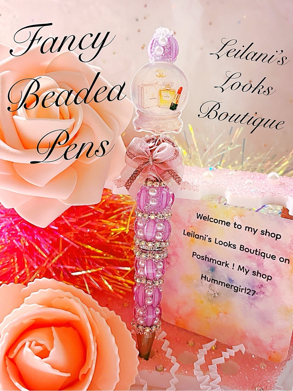 Fancy beaded pen/gifts/purple flowers/snow globe/